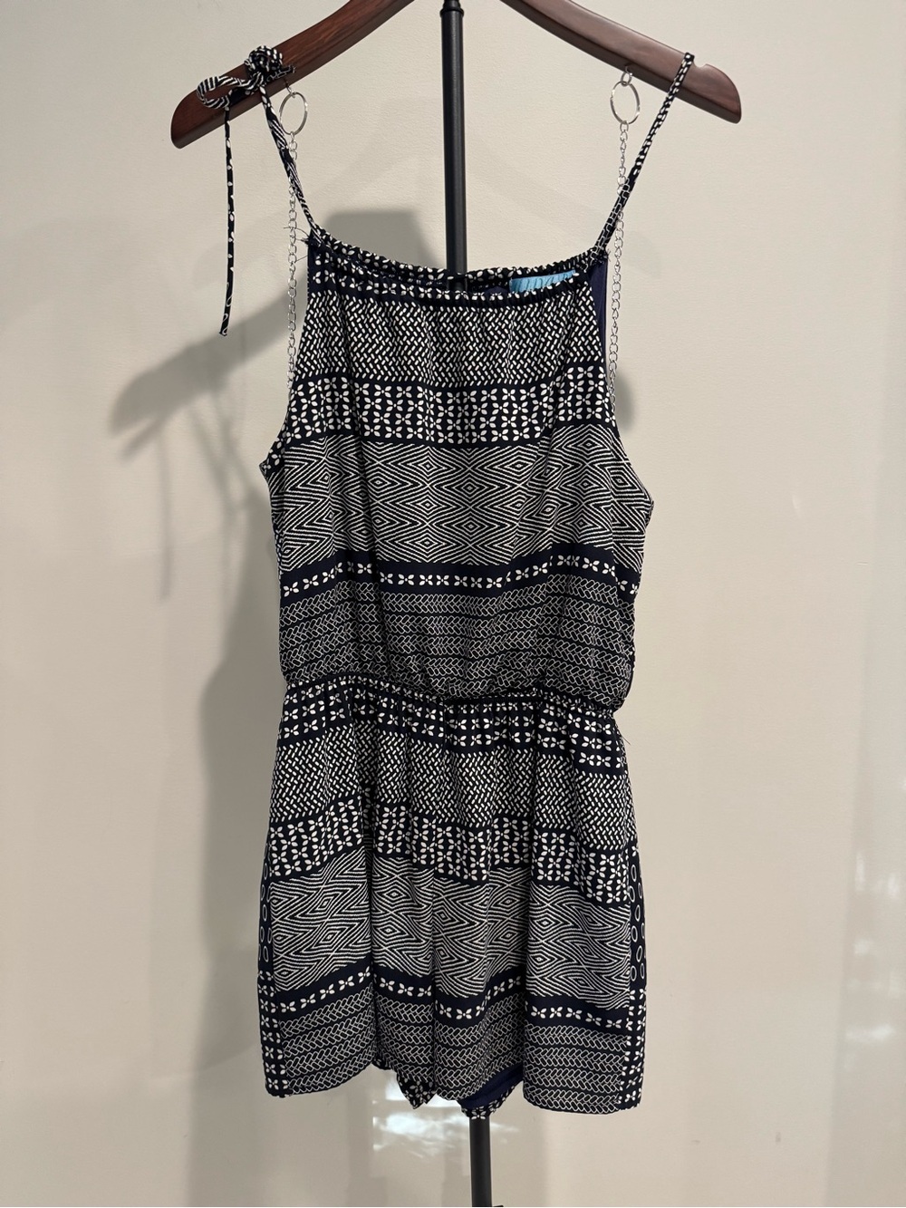 Women's Navy and White Patterned Lined Summer Romper Spaghetti Strap Boho - S